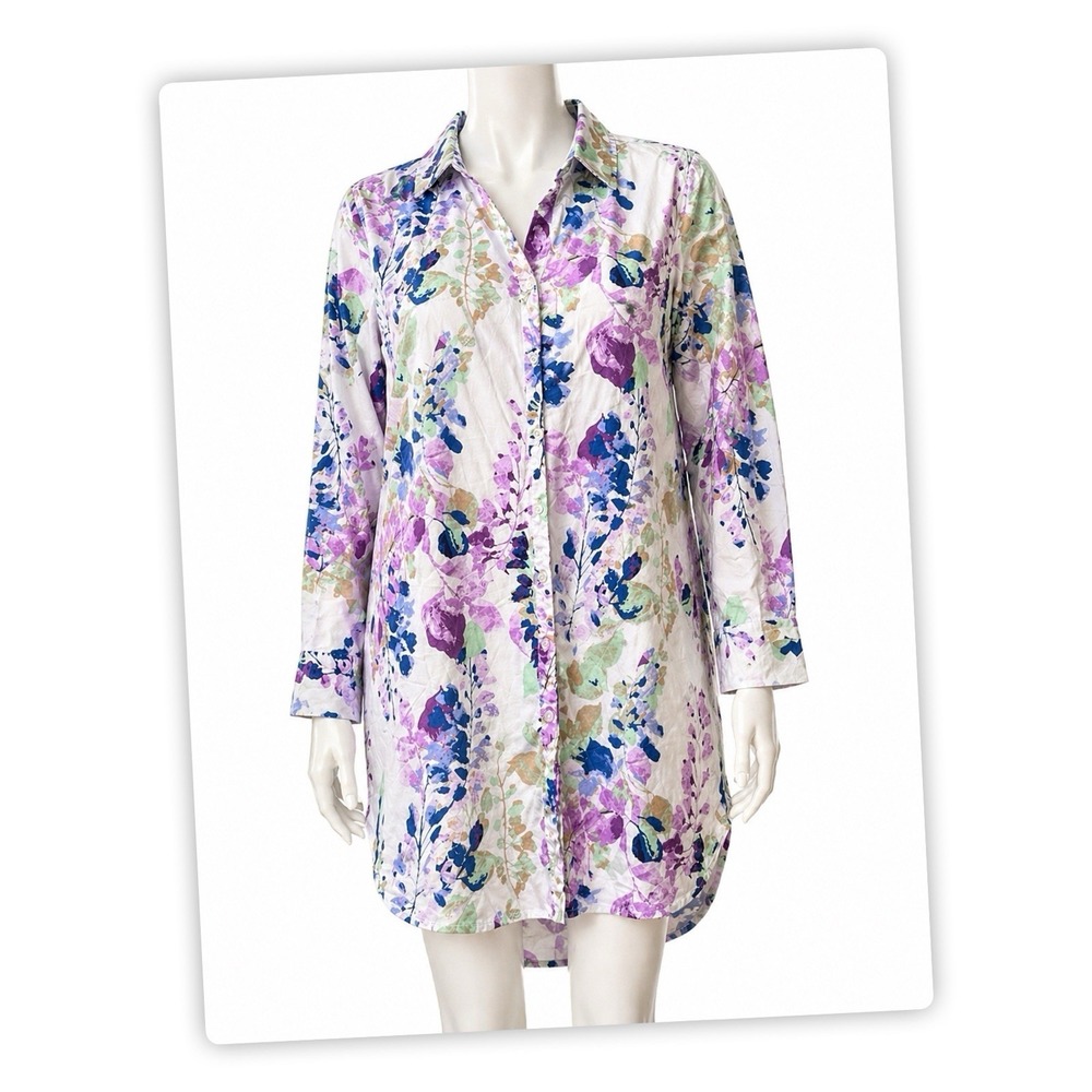 Chico's Size 3 Floral Sleep Shirt Nightgown Cotton Blend Long Sleeve